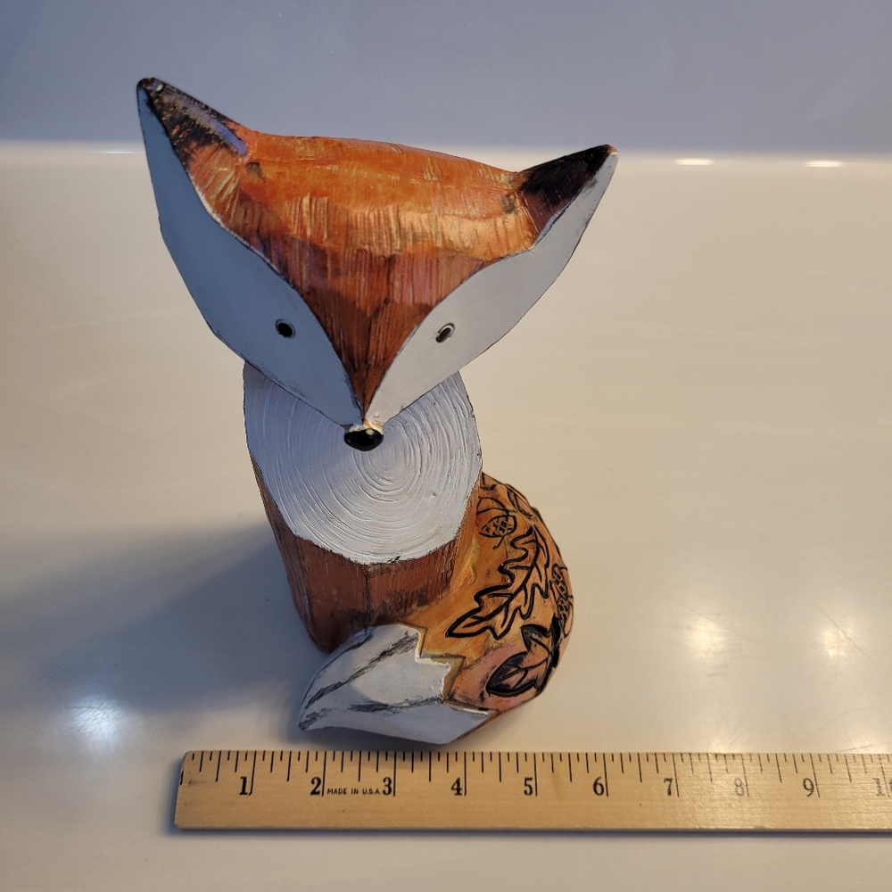 Fox Figurine Rustic Wood-look Resin With Woodsy Etchings On Tail - Picture 8 of 16